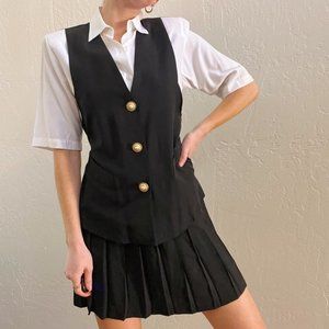 Vintage 1980's Black Vest Pleated School Girl Mini Dress